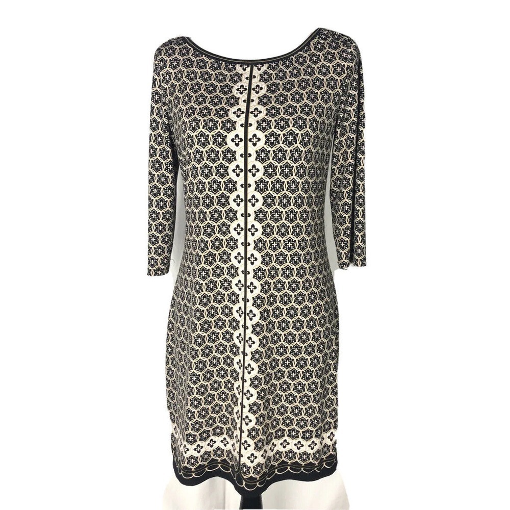 Max Studio Dress Women Size S  Midi‎ Sheath Beige Black Geometric 3/4 Sleeve